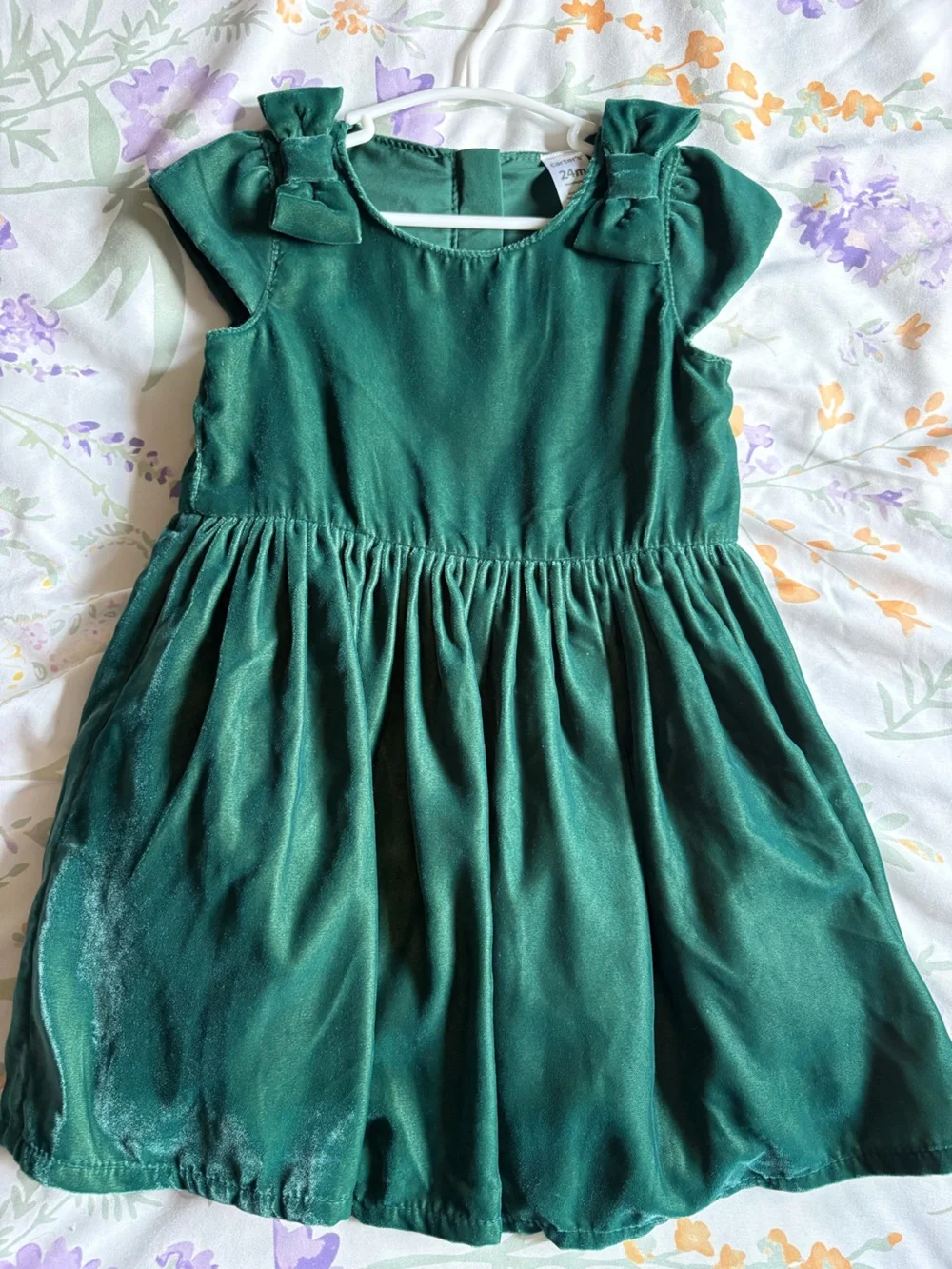 Carter's Emerald Green Velvet Bow-Shoulder Dress
